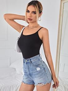 RueChic Casual Solid Slim Cami Black Top For Summer