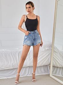 RueChic Casual Solid Slim Cami Black Top For Summer