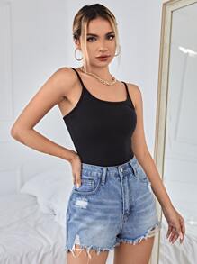 RueChic Casual Solid Slim Cami Black Top For Summer
