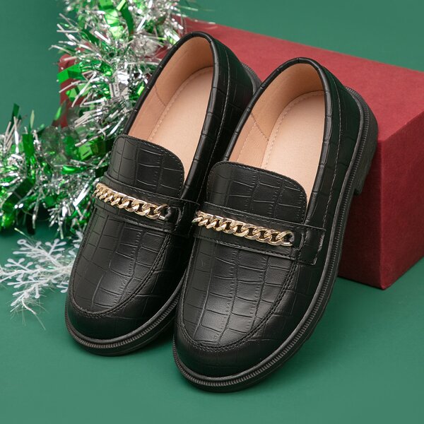 

Girls Crocodile Embossed Snaffle Decor Loafers, Black
