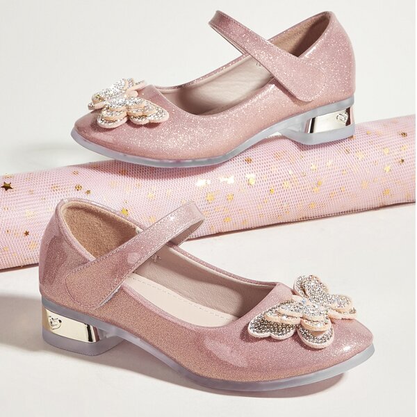 

Girls Butterfly Graphic Rhinestone Decor Mary Janes, Pink