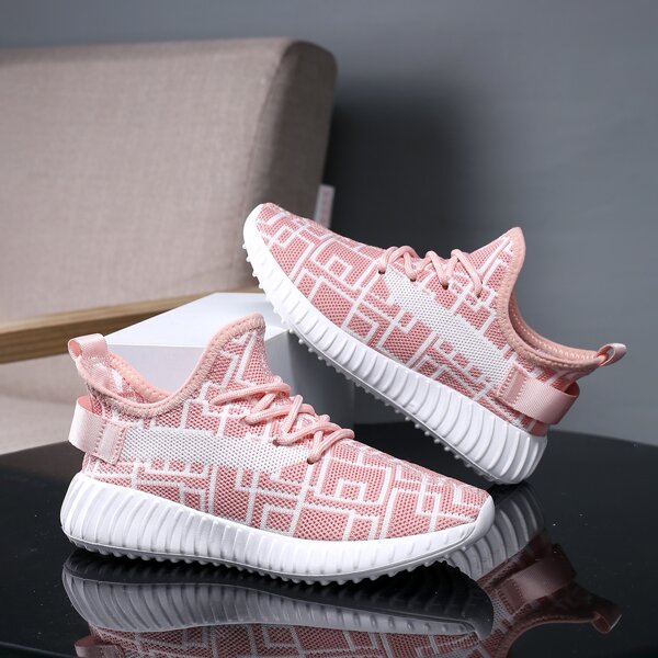

Girls Colorblock Geometric Graphic Lace Up Front Running Shoes, Pink