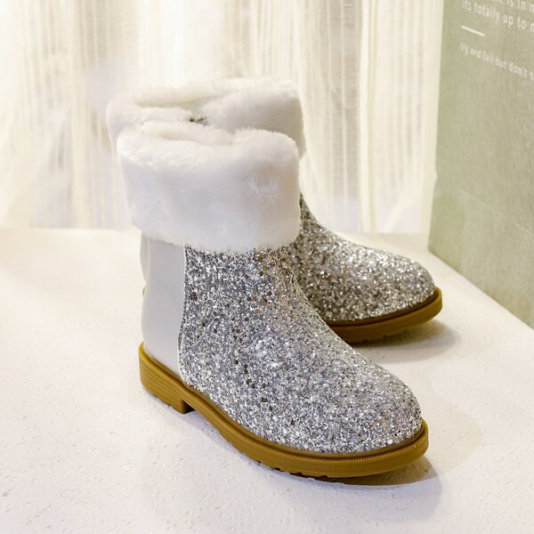 

Girls Sequin Fluffy Trim Side Zipper Boots, Silver