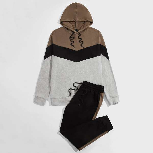 

Men Color Block Drawstring Hoodie & Sweatpants, Multicolor