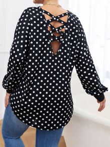 SHEIN LUNE 大碼波卡圓點十字交叉弧形下擺襯衫 - 黑與白 - 查看 1