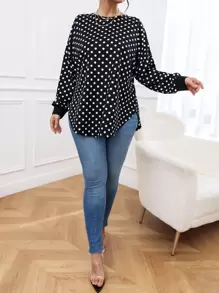 SHEIN LUNE 大碼波卡圓點十字交叉弧形下擺襯衫 - 黑與白 - 查看 4