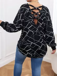 SHEIN LUNE Plus Geo Print Criss Cross Curved Hem Sweatshirt - Black - View 1