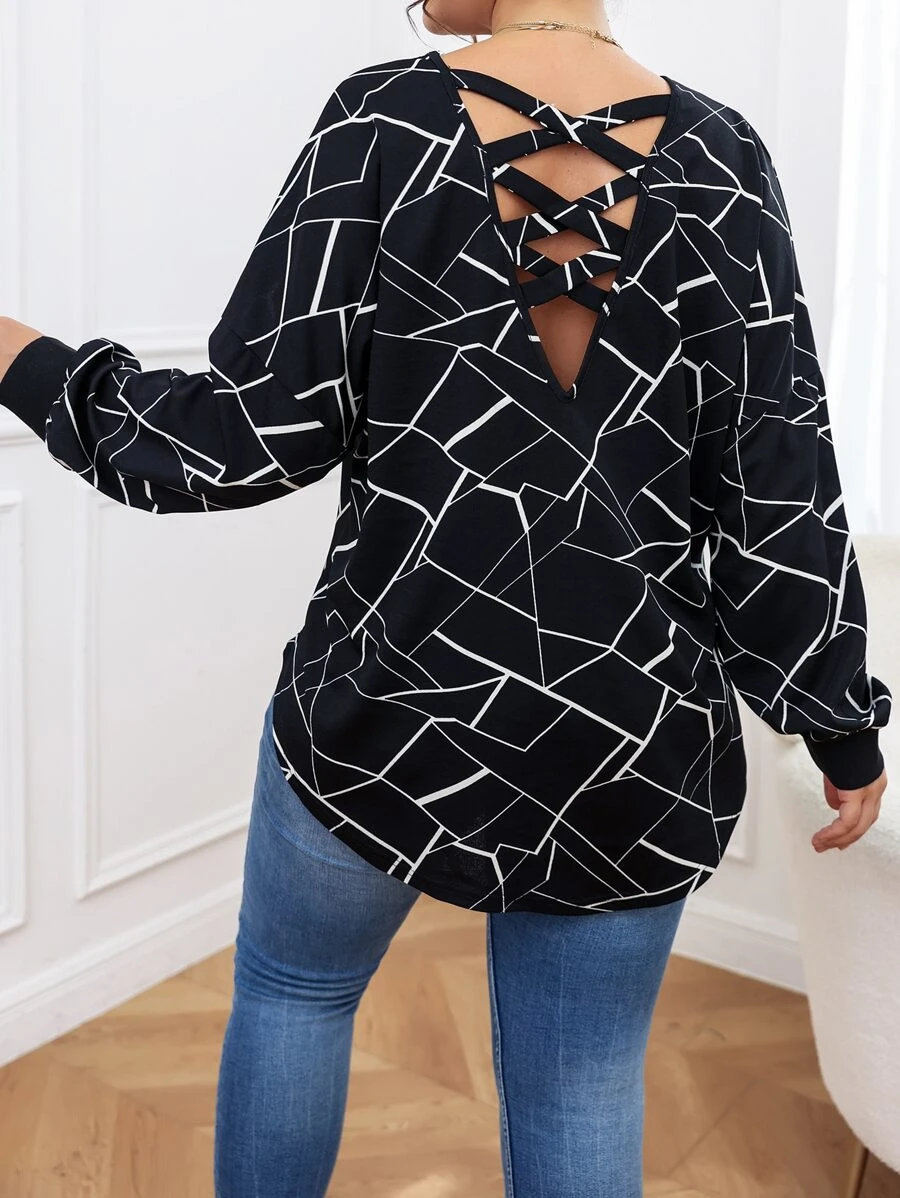 SHEIN LUNE Plus Geo Print Criss Cross Curved Hem Sweatshirt - Black - View 1