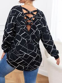 SHEIN LUNE Plus Geo Print Criss Cross Curved Hem Sweatshirt - Black - View 2