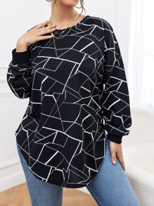 SHEIN LUNE Plus Geo Print Criss Cross Curved Hem Sweatshirt - Black - View 4