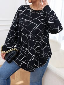SHEIN LUNE Plus Geo Print Criss Cross Curved Hem Sweatshirt - Black - View 5