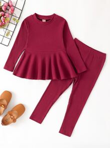 小女童條紋針織花邊下擺上衣和緊身打底褲