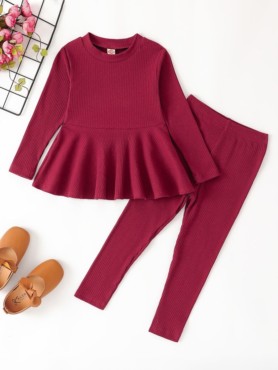 小女童條紋針織花邊下擺上衣和緊身打底褲