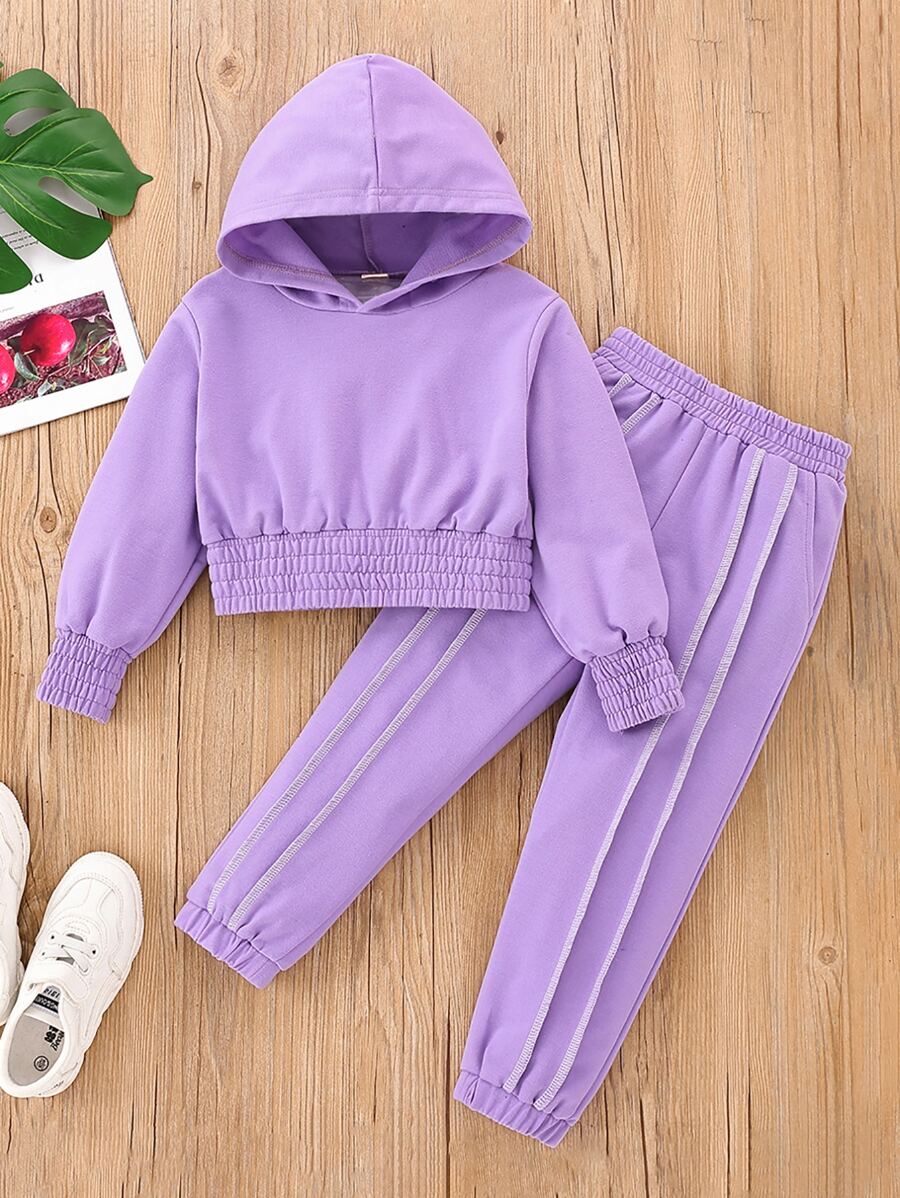 Toddler Girls Solid Shirred Hoodie & Top-stitching Sweatpants - Lilac Purple - View 1