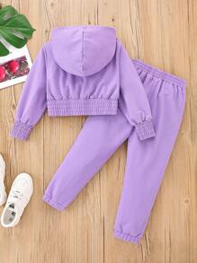 Toddler Girls Solid Shirred Hoodie & Top-stitching Sweatpants - Lilac Purple - View 2