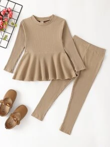Toddler Girls Ribbed Knit Peplum Top & Leggings - Khaki - View 1