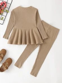 Toddler Girls Ribbed Knit Peplum Top & Leggings - Khaki - View 2