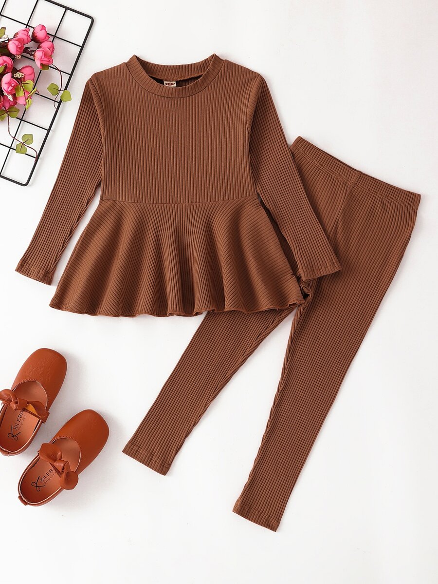 SHEIN Young Girl Ribbed Knit Peplum Top & Leggings - Rust Brown - View 1