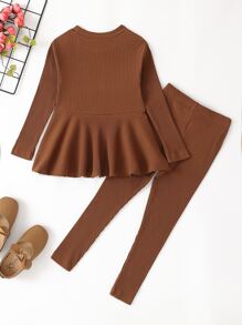 SHEIN Young Girl Ribbed Knit Peplum Top & Leggings - Rust Brown - View 2