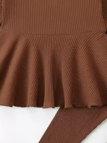 SHEIN Young Girl Ribbed Knit Peplum Top & Leggings - Rust Brown - View 6