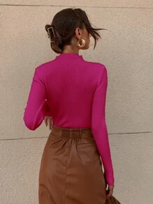 RueChic Jersey de cuello alto tejido de canalé unicolor - Rosa Fucsia - Ver 2