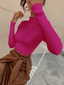RueChic Jersey de cuello alto tejido de canalé unicolor - Rosa Fucsia - Ver 3