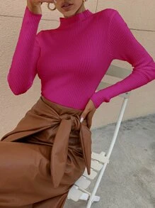 RueChic Jersey de cuello alto tejido de canalé unicolor - Rosa Fucsia - Ver 6