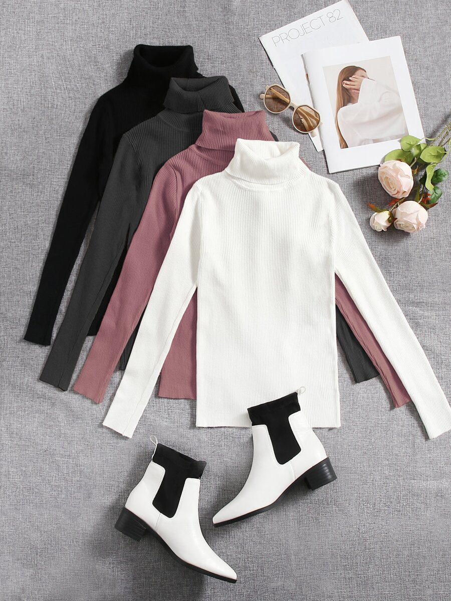 SHEIN LUNE 4pcs Solid Turtleneck Ribbed Knit Jumper - Multicolor - View 1