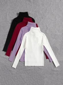 SHEIN LUNE 4pcs Solid Turtleneck Ribbed Knit Jumper - Multicolor - View 2