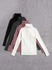 SHEIN LUNE 4pcs Solid Turtleneck Ribbed Knit Jumper - Multicolor - View 4
