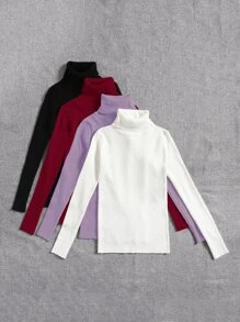 SHEIN LUNE 4pcs Solid Turtleneck Ribbed Knit Jumper - Multicolor - View 5
