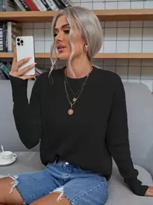 Casual Versatile Solid Color Round Neck Dropped Shoulder Sweater - Black - View 1