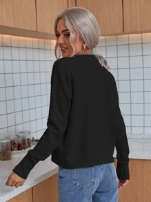 Casual Versatile Solid Color Round Neck Dropped Shoulder Sweater - Black - View 2