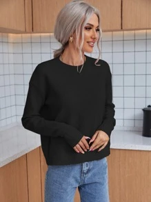 Casual Versatile Solid Color Round Neck Dropped Shoulder Sweater - Black - View 4