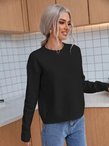 Casual Versatile Solid Color Round Neck Dropped Shoulder Sweater - Black - View 5