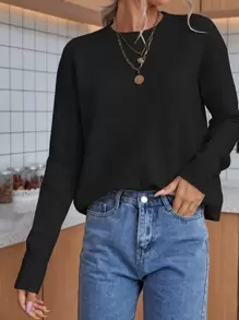 Casual Versatile Solid Color Round Neck Dropped Shoulder Sweater - Black - View 6