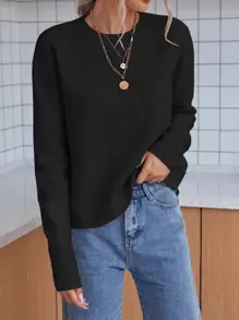 Casual Versatile Solid Color Round Neck Dropped Shoulder Sweater - Black - View 7