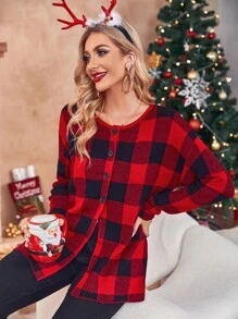 Buffalo Plaid Pattern Drop Shoulder Cardigan - Multicolor - View 1