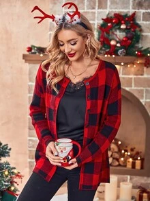 Buffalo Plaid Pattern Drop Shoulder Cardigan - Multicolor - View 3