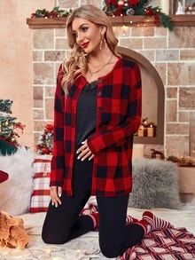 Buffalo Plaid Pattern Drop Shoulder Cardigan - Multicolor - View 5