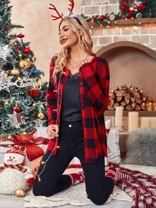 Buffalo Plaid Pattern Drop Shoulder Cardigan - Multicolor - View 6