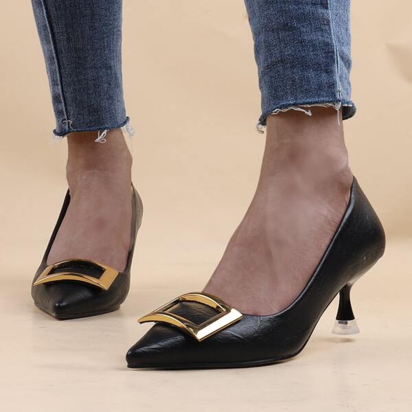 

Metal Decor Point Toe Pyramid Heeled Pumps, Black