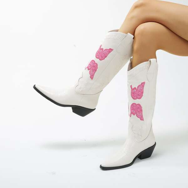 

Butterfly Embroidery Chunky Heeled Boots, White