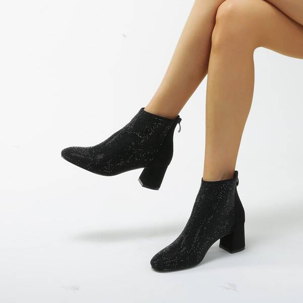 

Glitter Decor Chunky Heeled Boots, Black