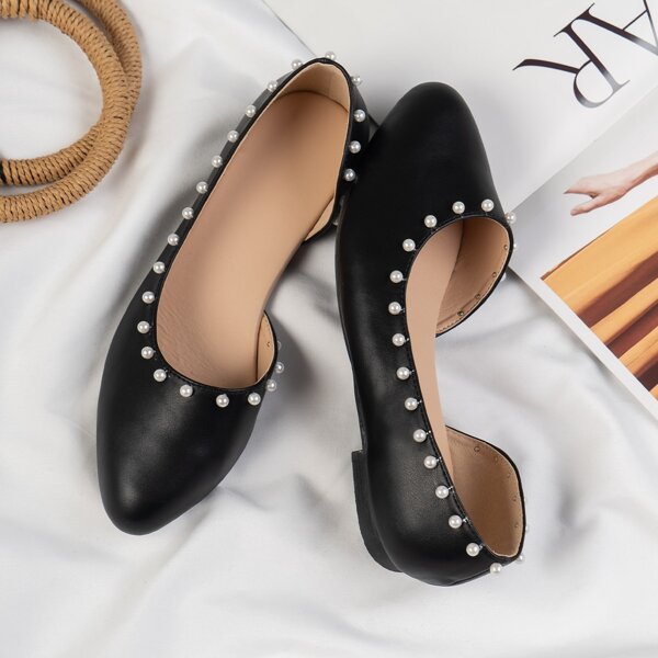 

Faux Pearl Decor Slip On Flats, Black