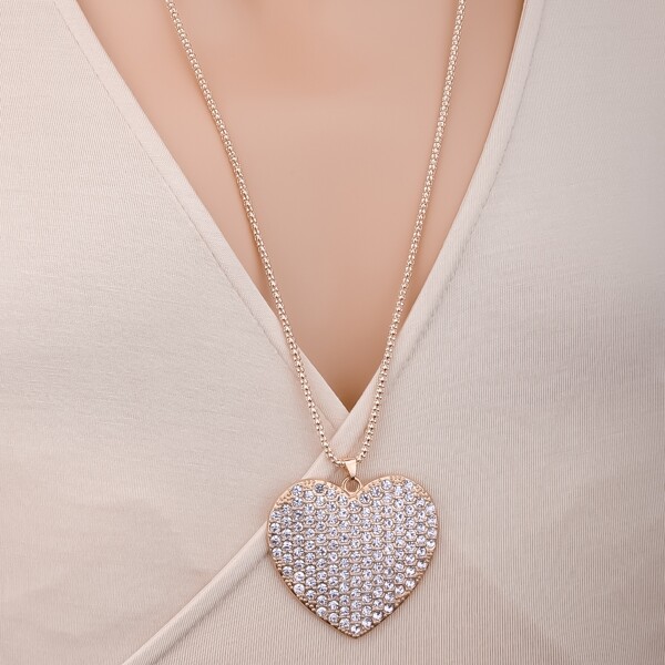 

Rhinestone Heart Charm Necklace, Gold