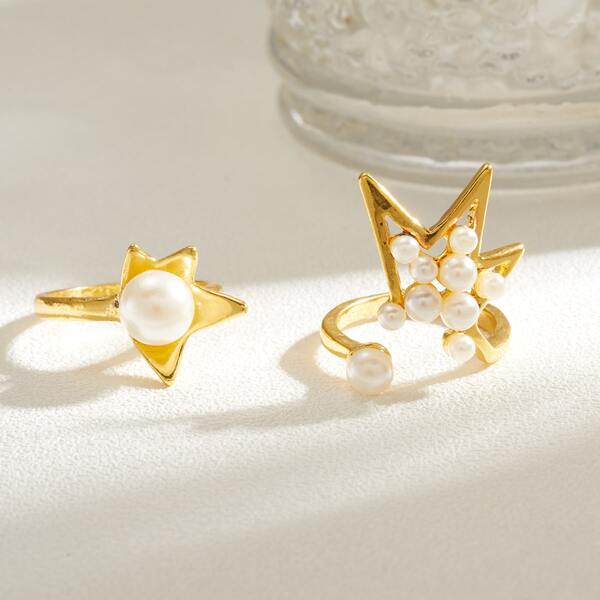 

2pcs Faux Pearl Star Decor Ring, Multicolor