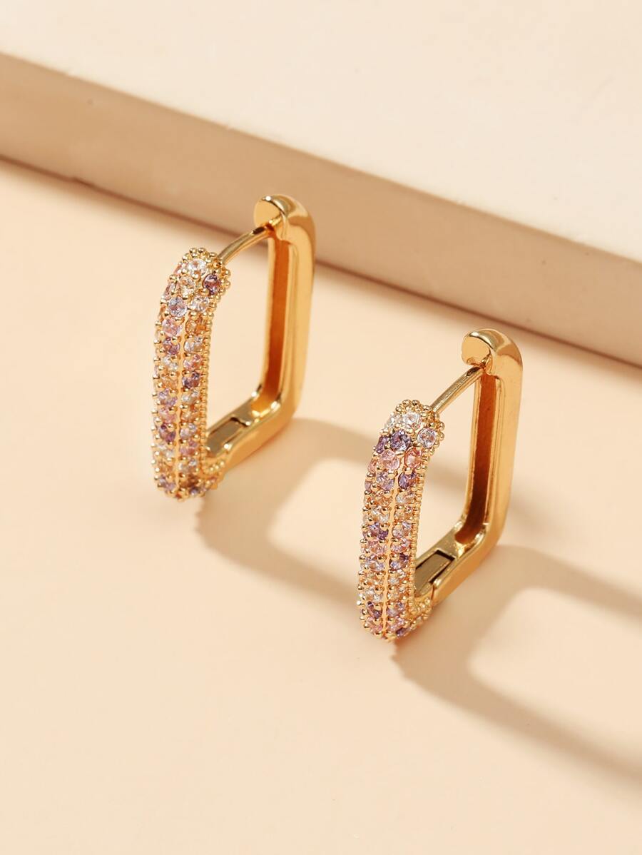 Cubic Zirconia Decor Hoop Earrings - Yellow Gold - View 1