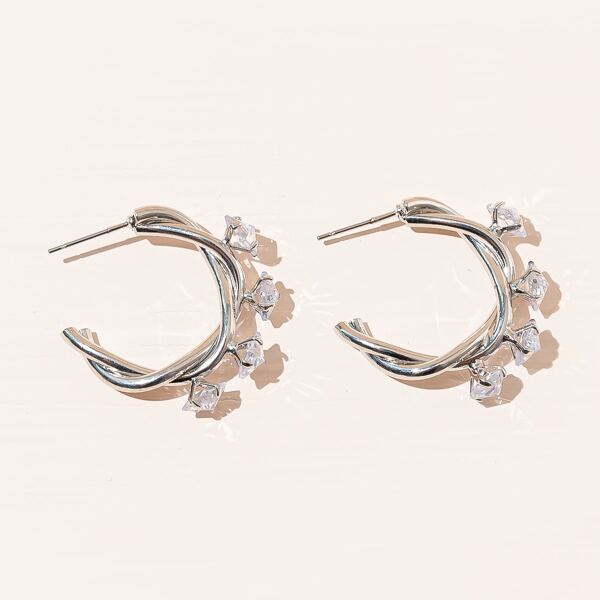 

Zircon Decor Open Hoop Earrings, Silver