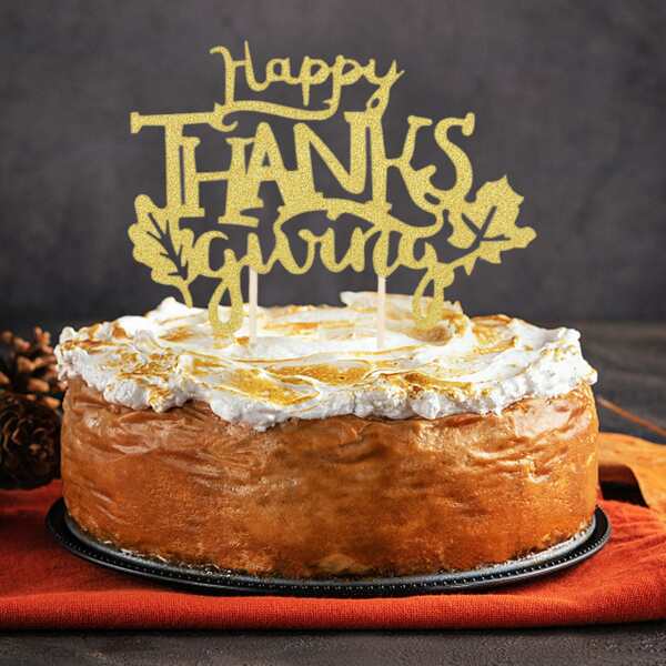

1pc Thanksgiving Slogan Graphic Cake Topper, Gold